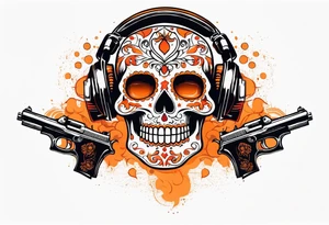 Orange Sugar skull with guns that are orange and red with smoke around it tattoo idea