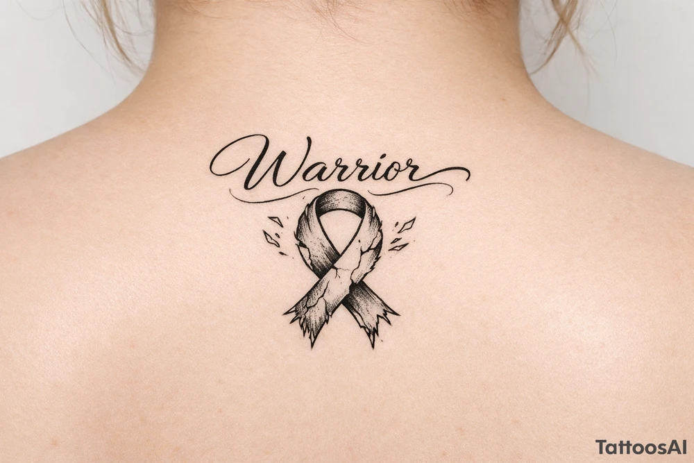 Warrior in cursive with sikkle cells ribbon torn tattoo idea