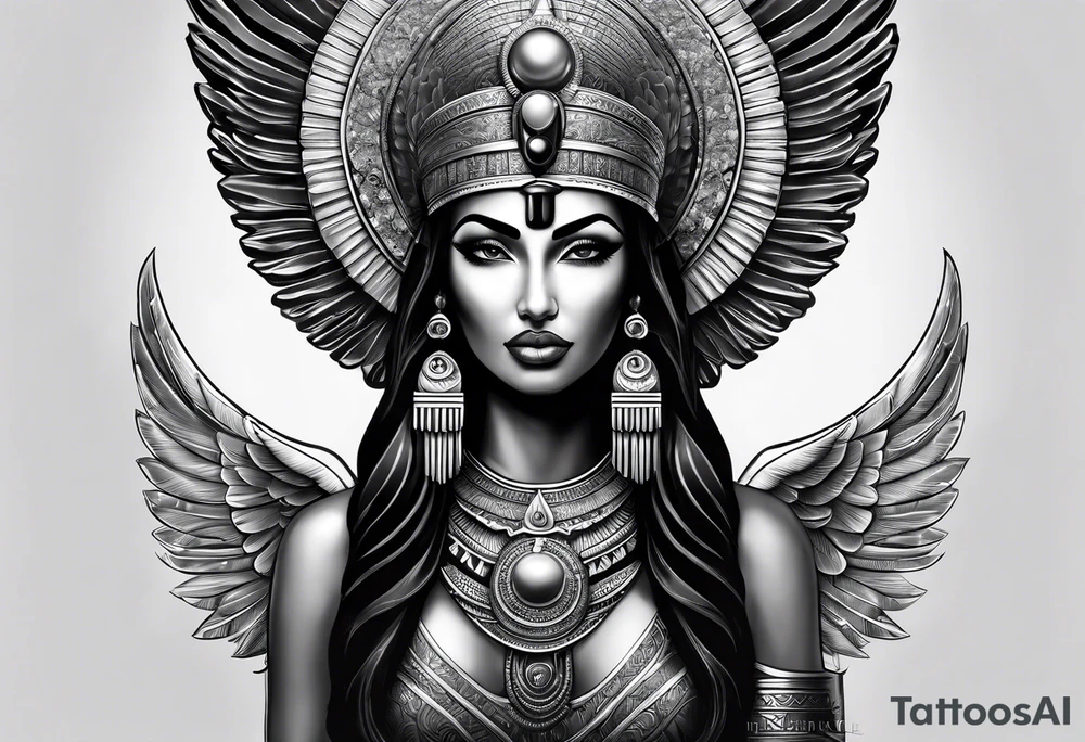 black and gray photo realistic goddess isis with minimal detail tattoo idea
