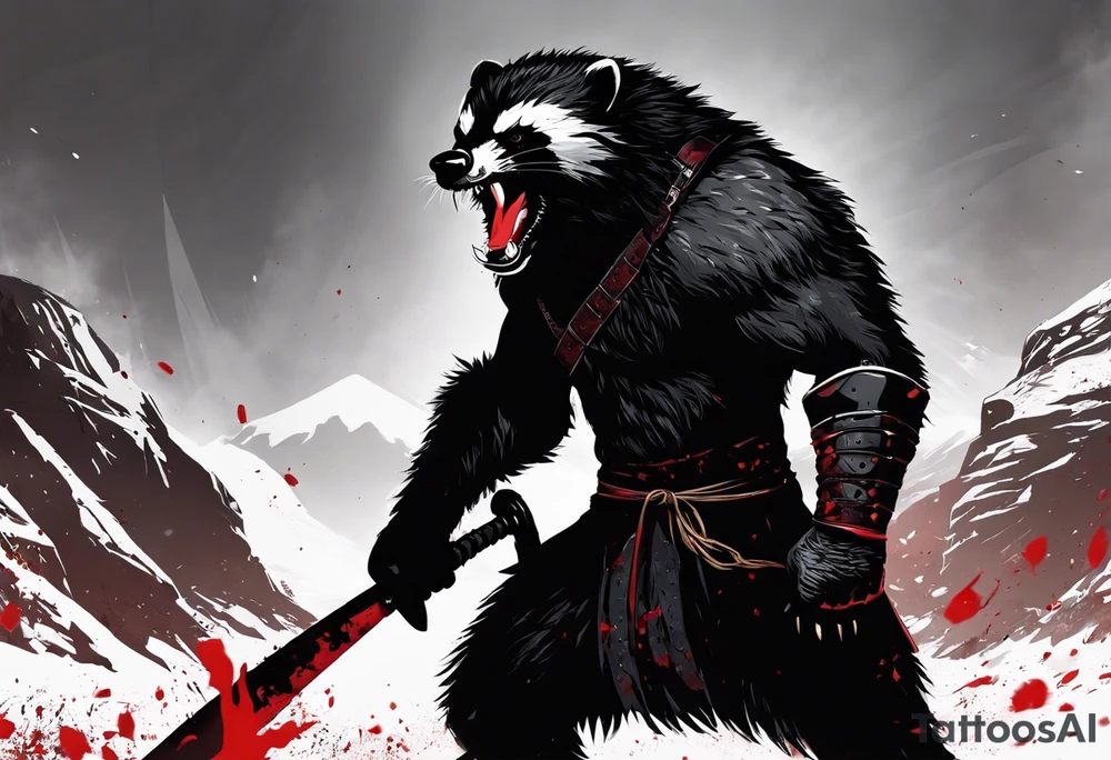 Draw me psychopath Fearless Honey Badger/Berserker with aggressive full body, killer face with a scary smile, very long nails and he attacks like a Bloody Assassin/Warrior/Gladiator to us and also, he has very deadly looking. He fights with his nails only. Everybody scares after their first sight. Give me horror type Badger Tattoo. I want to see his Realistic full body with no weapons. You can show destruction at the back. tattoo idea