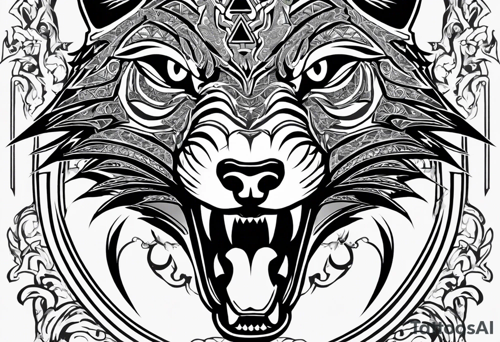 Legend of zelda link wolf head that is in profile with mouth open, this should be the bottom of the tatoo on a bicep , the top should transition in through his mane on top and it should be an ouroborus (dragon not snake) surrounding vegvisr tattoo idea