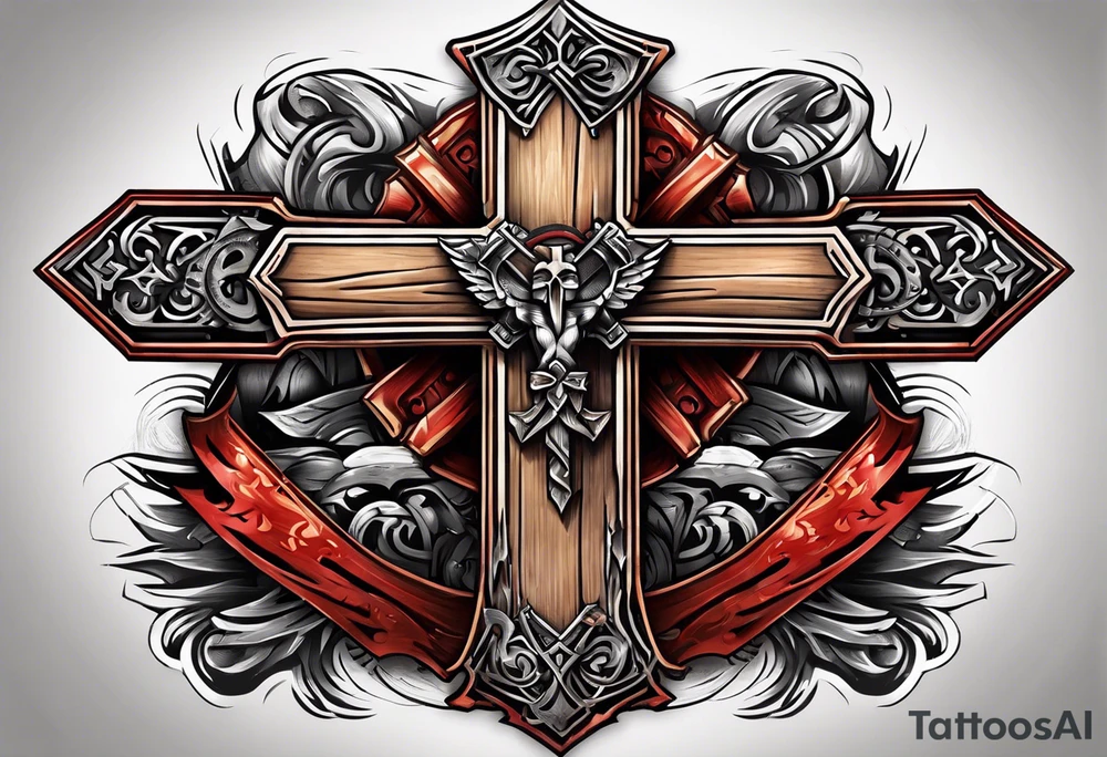 large wooden cross with a cross cut saw and double bitted axe crossed over it tattoo idea