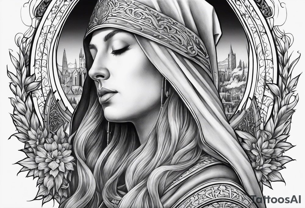 A full back piece themed on the surname mcbride. It should not have any faces in it. It should take inspiration from artwork of saint bridget holding fire in her hands. It should have the text Vincit Pericula Virtus on it tattoo idea