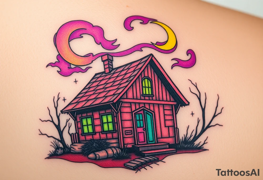 Tim Burton’s haunted pastel wood cabin home is abandoned and dripping with muted reds, dusty pinks, and eerie green glow.purple and cyan smokey clouds swirl in the crescent moonlit sky thats sprinkled with stars tattoo idea tattoo idea