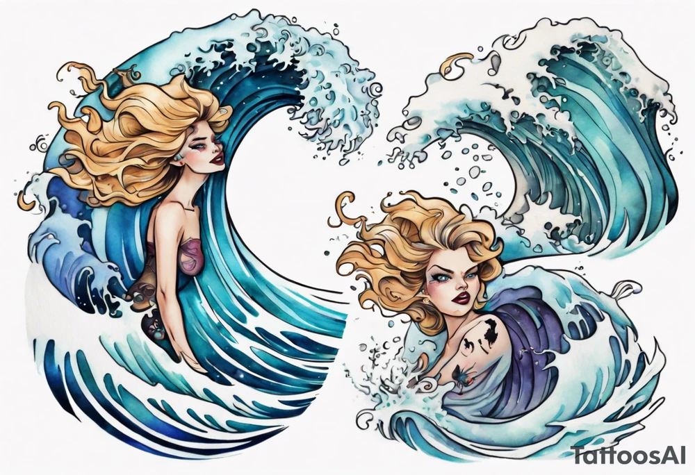 a crashing wave that turns into a young beautiful Ursula tattoo idea