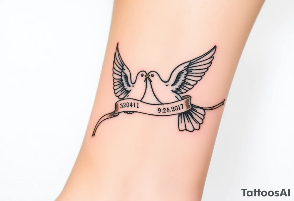A pair of doves in mid-flight, carrying a silk ribbon with the wedding date, embodying peace and unity. tattoo idea