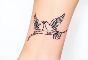 A pair of doves in mid-flight, carrying a silk ribbon with the wedding date, embodying peace and unity. tattoo idea
