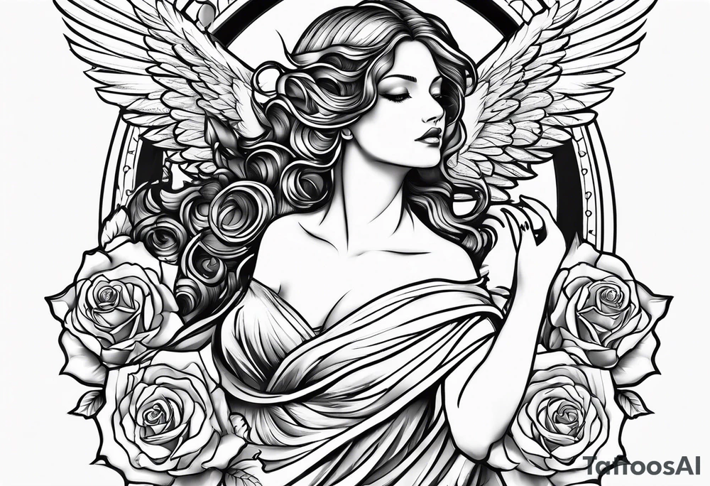 Angel, roses, name MARTINA tattoo idea