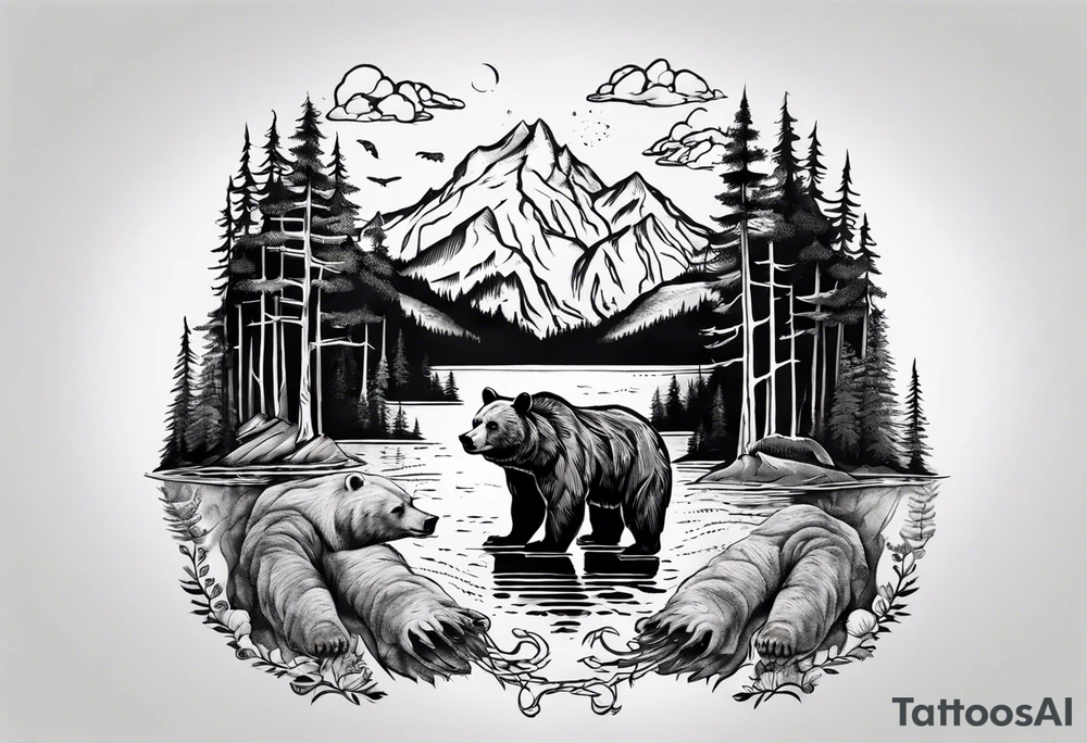 bear, forest, lake, appalachia, arm sleeve tattoo tattoo idea