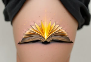 An open book with golden pages, each turning page revealing a different phase of life tattoo idea