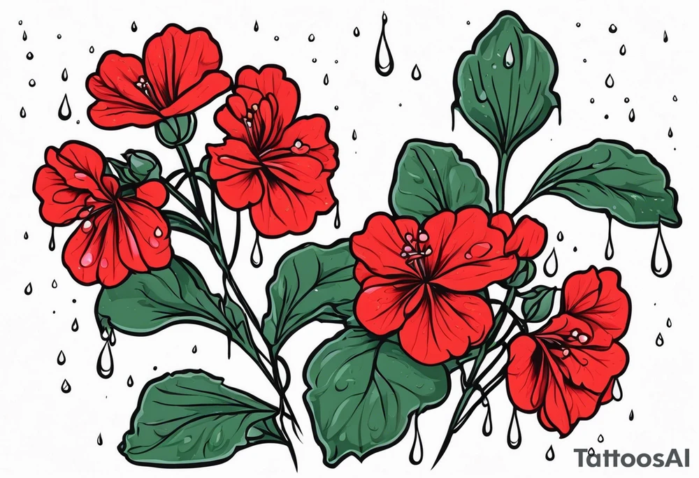 red geraniums with rain drops tattoo idea