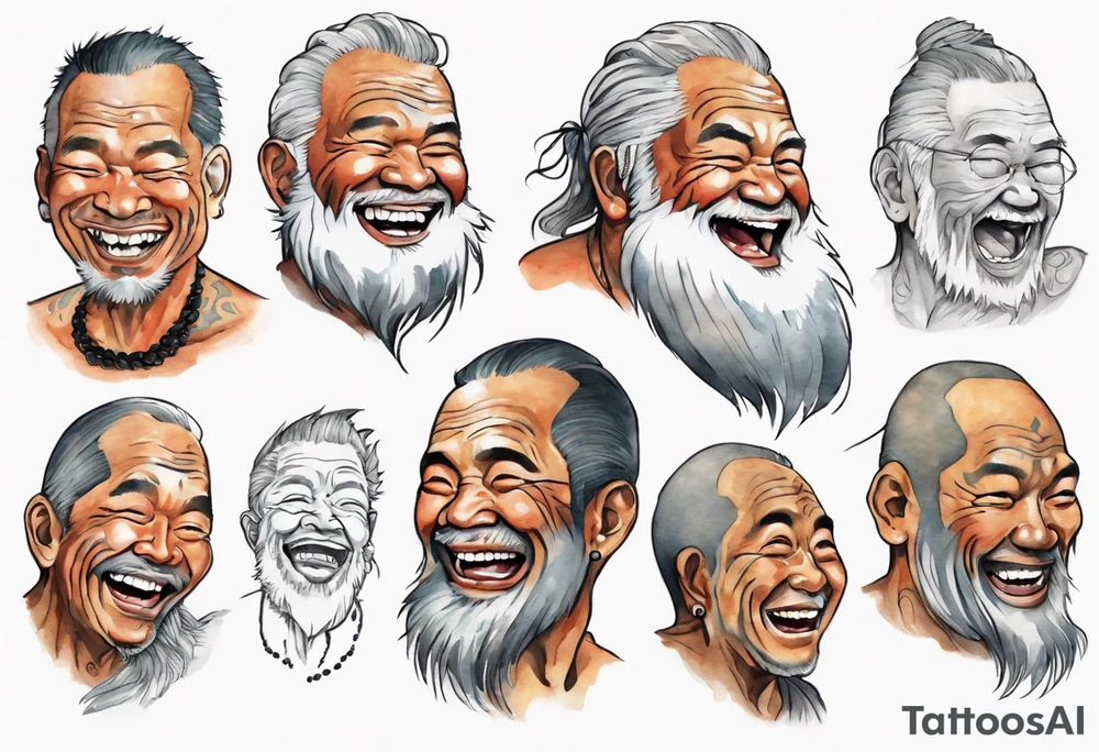 a solitary Samoan man with a grey beard laughing tattoo idea