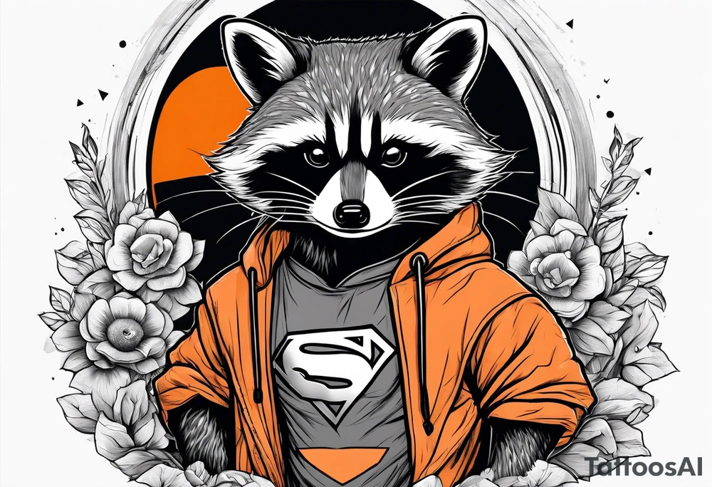 Raccoon wearing an orange Superman hoodie tattoo idea