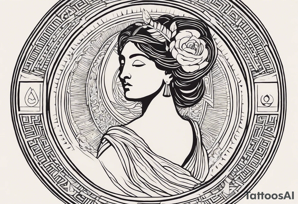 "Craft a minimalist round tattoo inspired by ancient Greek art, centered around Clio, the muse of history. Design a circular composition featuring Clio depicted in the center, holding a scroll adorned with historical symbols or inscriptions. Surround her with subtle yet meaningful elements such as ancient architectural motifs, symbolic representations of ancient civilizations, or fragments of historical texts. Ensure the design maintains a minimalist aesthetic with clean lines and limited detail, while capturing the essence of Clio's dedication to preserving and inspiring the study of history within the circular frame." tattoo idea