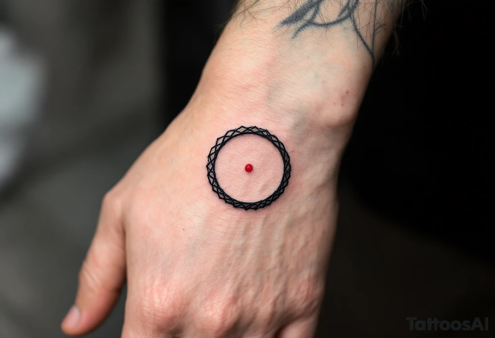 A minimalist black ink circle with a delicate red dot in its center, symbolizing focus and balance. tattoo idea