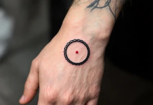 A minimalist black ink circle with a delicate red dot in its center, symbolizing focus and balance. tattoo idea