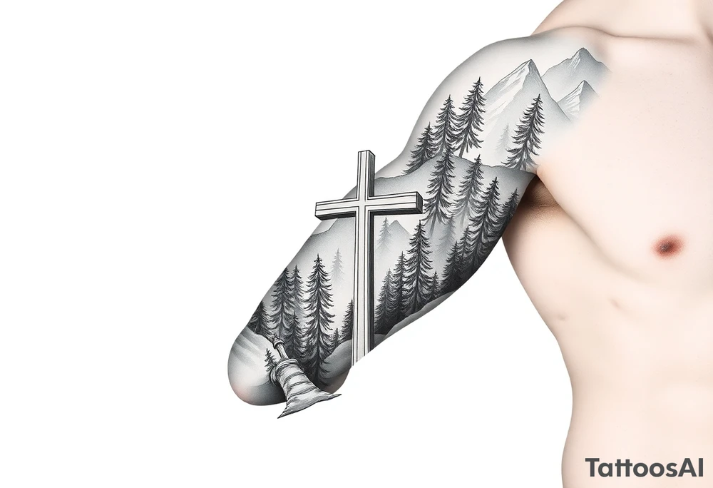 russian orthodox cross in a light forrest mountainous setting tattoo idea
