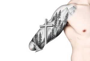 russian orthodox cross in a light forrest mountainous setting tattoo idea