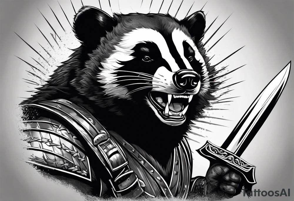 Draw me badger/wolverine with aggressive full body show, killer face with cute smile, very long nails and he attacks like a Turkish gladiator to enemy and also he has very deadly looking. The only weapon is his braveness he fights with his nails. tattoo idea