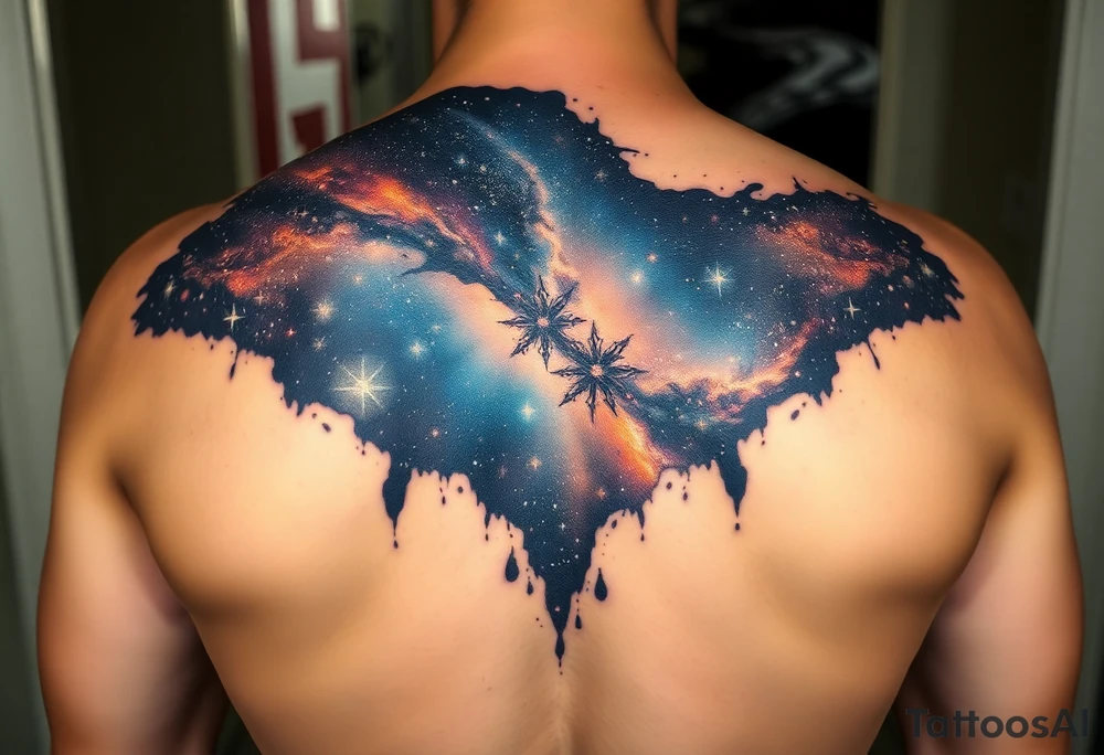 Beautiful and epic 3d milky way that appears to be what is beneath the skin. Make it drape over the shoulder and move to the middle back. use negative spaces to create stars and dust. Incorporate God breathing life into the universe. IKeep it symmetrical tattoo idea