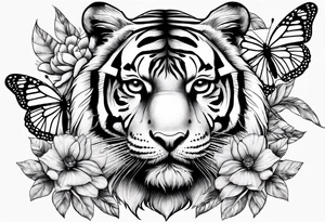 tiger, 3 buterflies, flowers tattoo idea