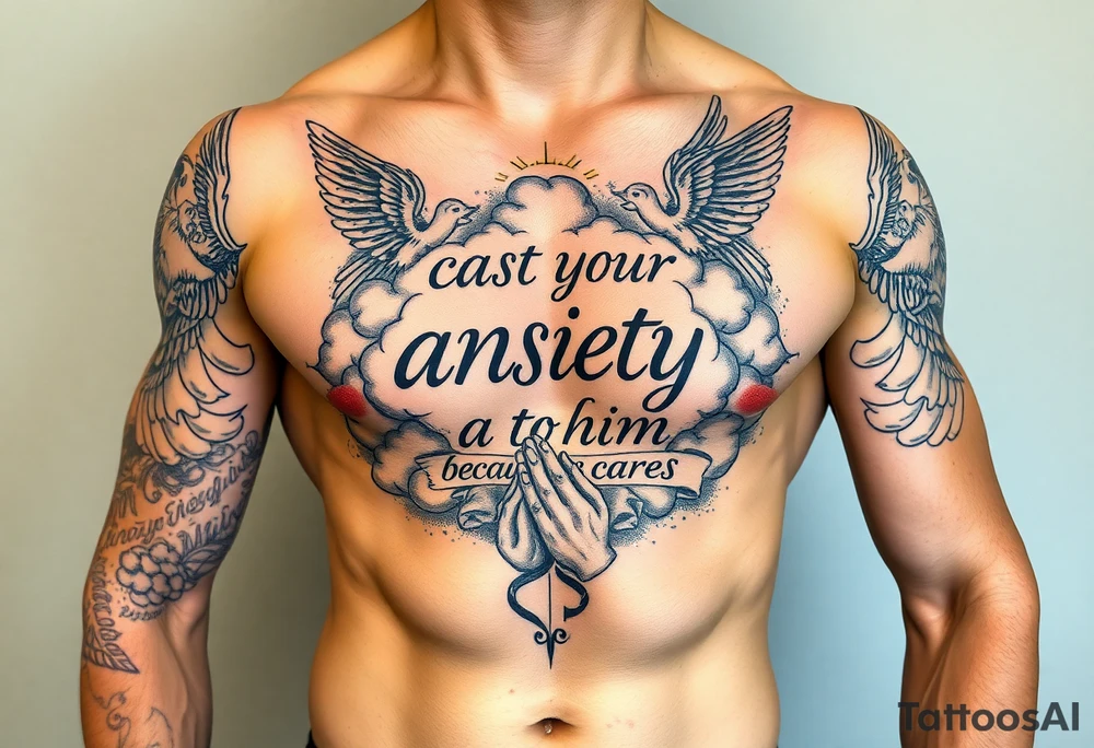 cast all your anxiety on him because he cares for you"  surrounded with clouds and angels and praying hands tattoo idea
