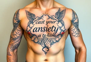 cast all your anxiety on him because he cares for you"  surrounded with clouds and angels and praying hands tattoo idea
