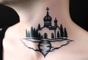 medium sized russian orthodox dome church with a separated virgin mary with a lake and pine trees on the sized of my neck tattoo idea