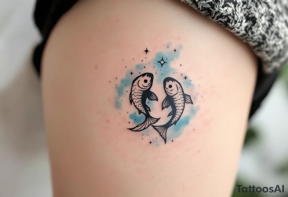 A black-ink Pisces glyph anchors this design, with the Pisces star constellation fading into a soft sky-blue mist. tattoo idea