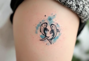 A black-ink Pisces glyph anchors this design, with the Pisces star constellation fading into a soft sky-blue mist. tattoo idea