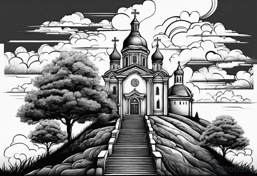 couple with 2 sons walking up on stairs on the hill and on the top of the hill is church and next to it is family tree tattoo idea