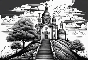 couple with 2 sons walking up on stairs on the hill and on the top of the hill is church and next to it is family tree tattoo idea