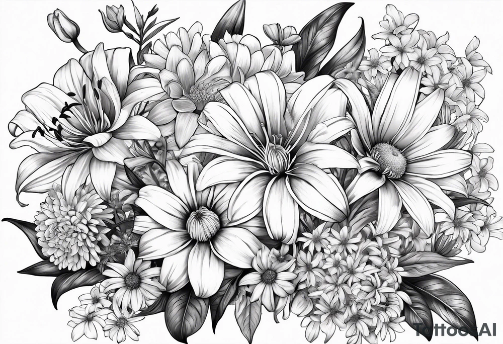 Bouquet of lilies, marigolds, cosmos, and asters tattoo idea