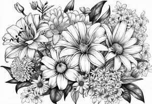 Bouquet of lilies, marigolds, cosmos, and asters tattoo idea