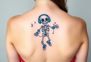 Cute smiling skeleton jumping on a jump rope with blue headphone and blue tennis shoes and blue armbands with nice  music notes tattoo idea