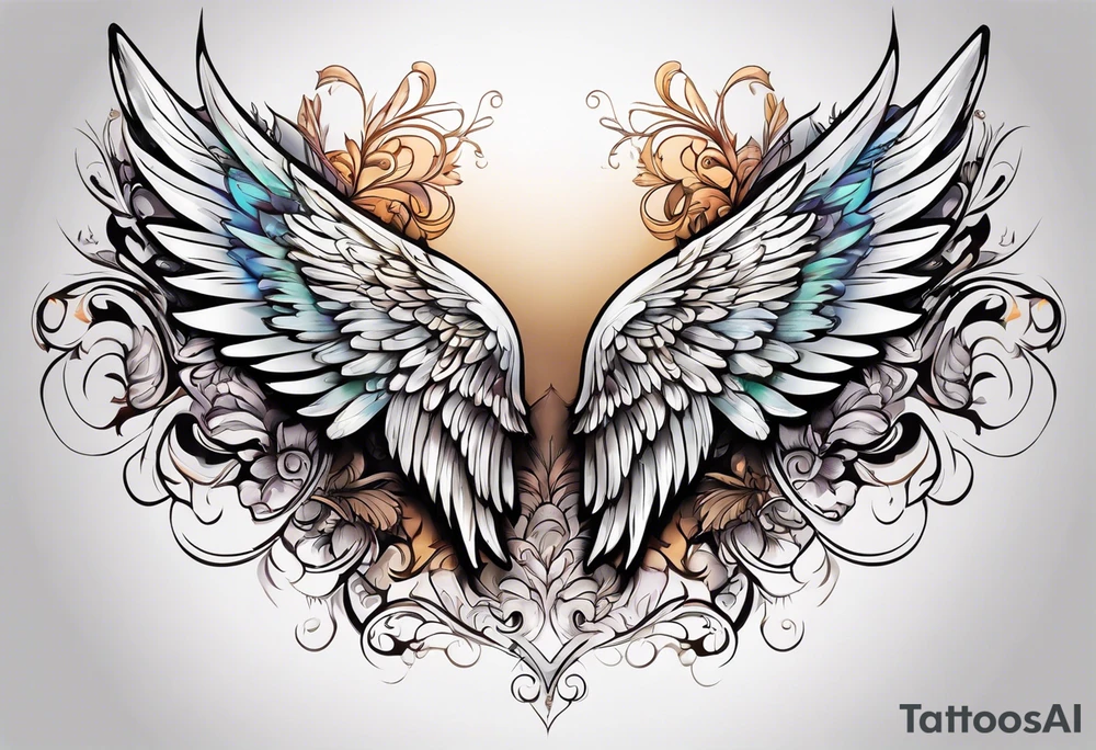 beautiful angel wings. with flilgree in the background tattoo idea