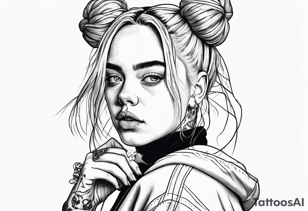 Billie eilish with 2 messy space buns jumping out of a stage tattoo idea