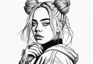 Billie eilish with 2 messy space buns jumping out of a stage tattoo idea