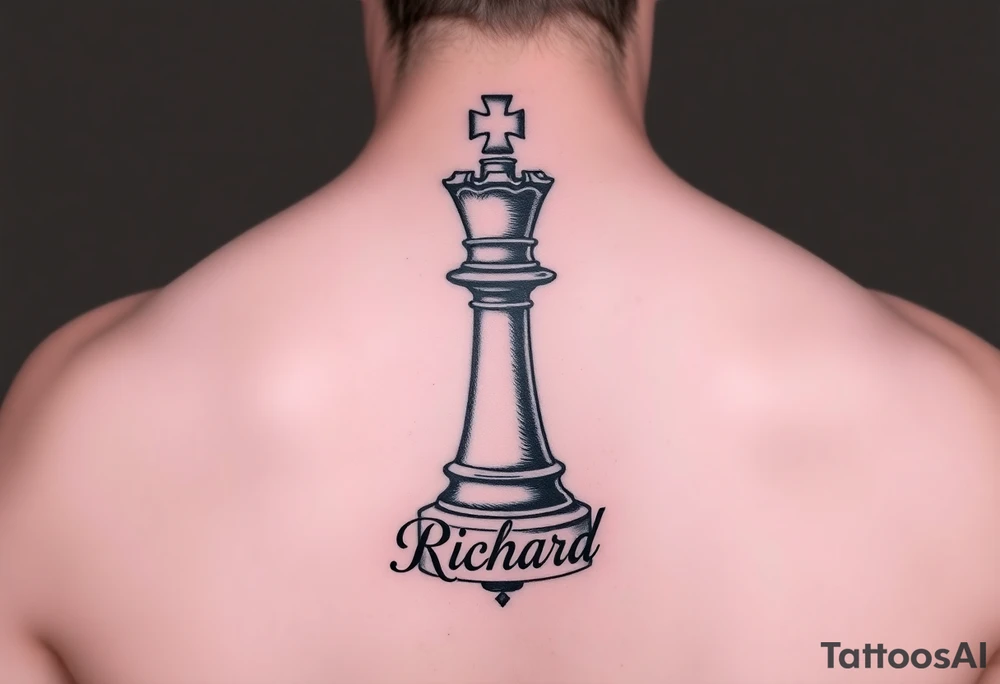 A king chess piece with the name Richard incorporated into the bottom of the piece tattoo idea