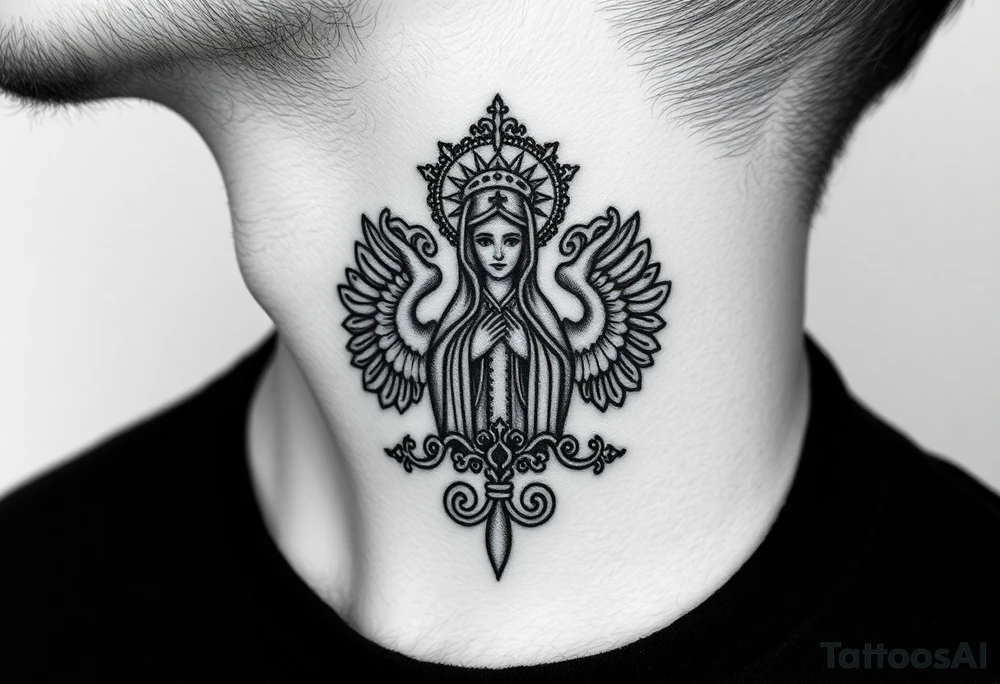 russian coat arms in a christian orthodox style virgin mary on the side of the neck tattoo idea