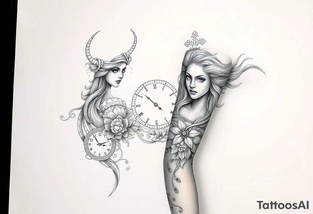 powerful Greek Goddess tattoo sleeve. add big pieces of greek goddess like medusa and Athena and add some piece in there of the weight scale and clocks and maybe little lettering in there. make it not super dark work use Pinterest inspiration. tattoo idea