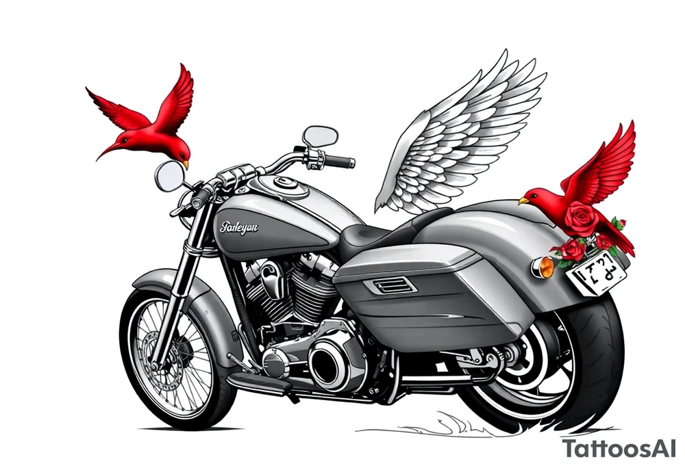 Harley grey motorcycle driving away, two red birds flying, roses, flames, angel wings tattoo idea