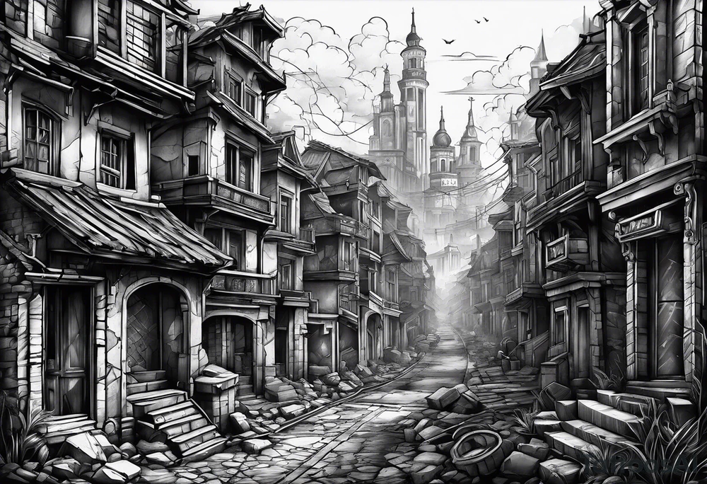 destroyed city made by lines tattoo idea