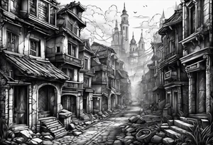 destroyed city made by lines tattoo idea