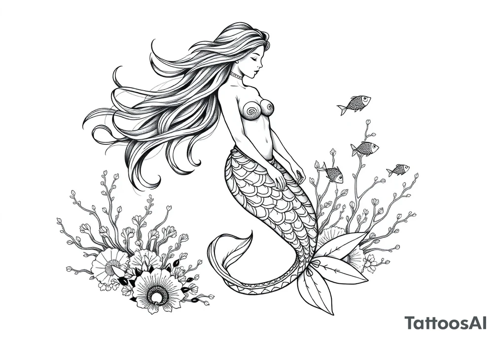 ethereal mermaid with flowing hair among coral reef and small fish tattoo idea