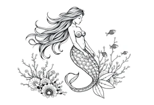 ethereal mermaid with flowing hair among coral reef and small fish tattoo idea