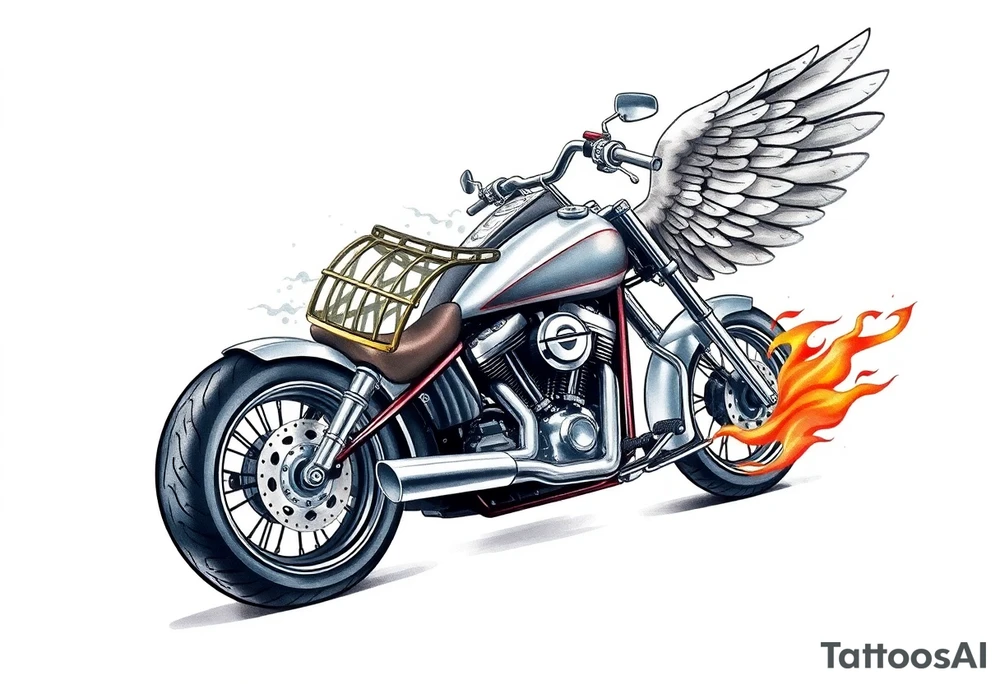 Low rider grey motorcycle, big muffler pipes with flames, angel wings, driving away, no person tattoo idea