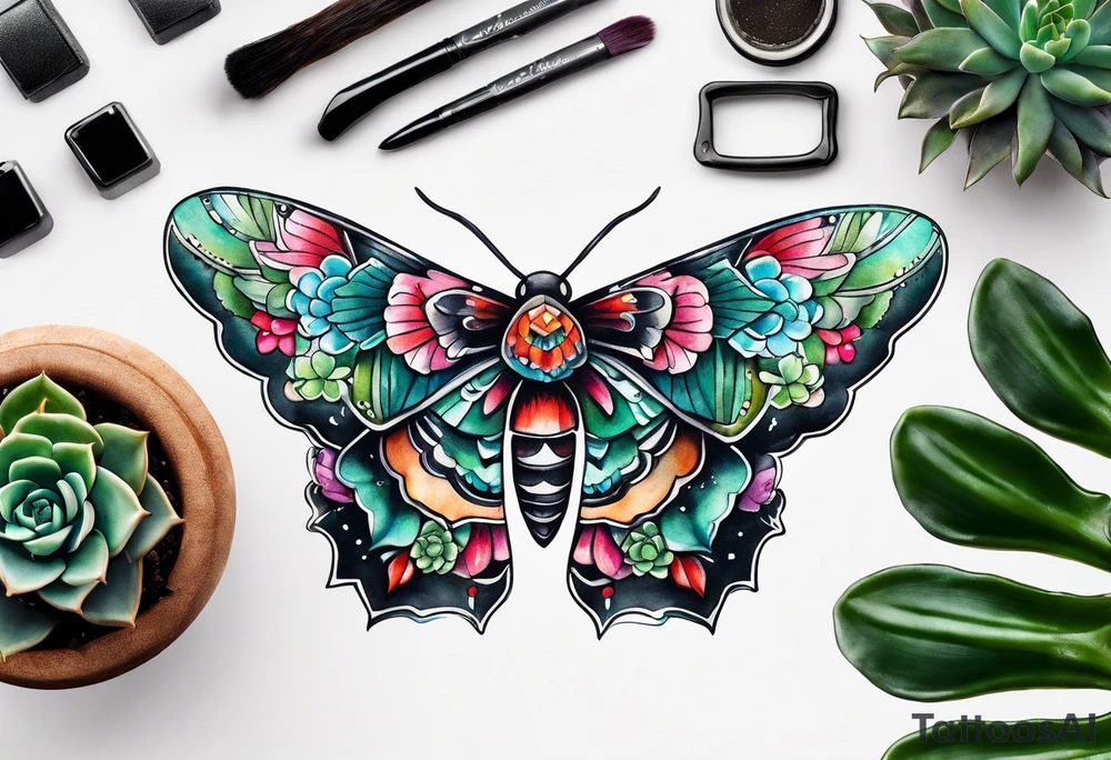 Modern Mexican style moth with succulents in garden tattoo idea