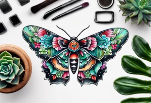 Modern Mexican style moth with succulents in garden tattoo idea