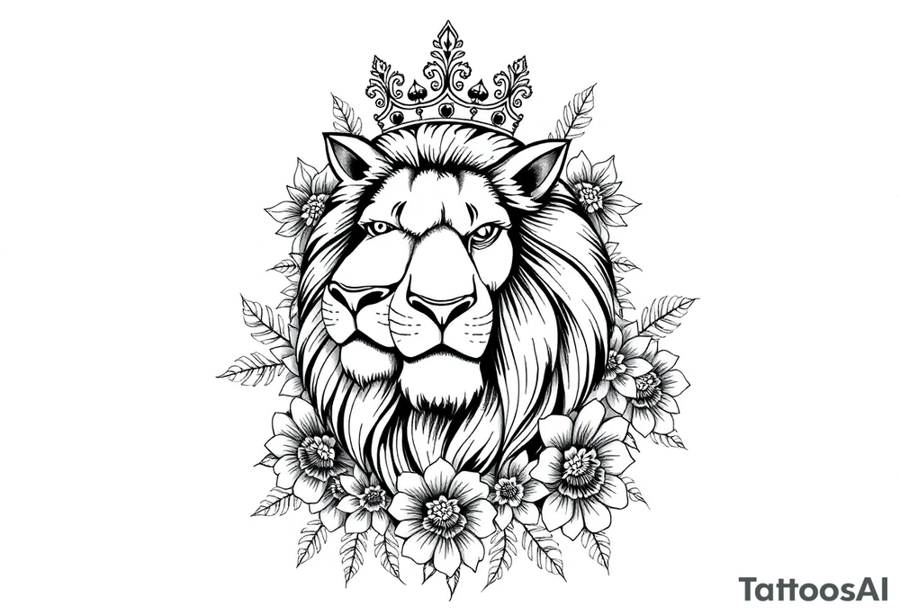 powerful majestic lion with a crown, surrounded by floral ornaments and birds tattoo idea